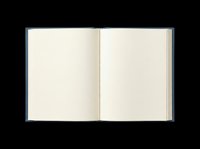 Open hardcover notebook with blank pages and blue cover, isolated on transparent background. Ready for clipart, stickers, t-shirt design, and print on demand use.
