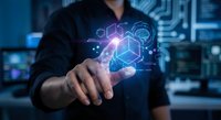 Businessman touching holographic brain with digital network connections in modern technology office environment for artificial intelligence concepts.