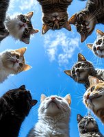 Curious cats looking down at camera against blue sky with white clouds, creating funny circular composition. Perfect for social media and pet-related content.