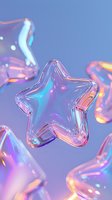 Iridescent glass star shape with holographic reflections floating on purple-blue background, featuring soft bokeh lights and prismatic color effects.