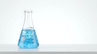 Conical laboratory flask filled with blue liquid on white background, isolated for scientific research, chemistry education, and laboratory design projects.