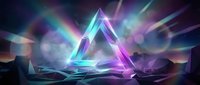 Glowing neon triangle portal with colorful light beams and energy rays on futuristic digital landscape for sci-fi gaming and technology designs.