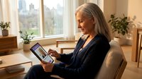 Senior Caucasian woman with gray hair using tablet computer at home, sitting in comfortable chair by window. Modern technology for elderly lifestyle.