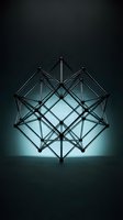 Geometric wireframe structure with glowing light core, interconnected metal framework forming symmetrical polyhedron shape against dark background for technology and innovation concepts.