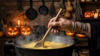Witch stirring glowing potion in cauldron with wooden spoon in dark kitchen with jack-o-lanterns and hanging pans, creating magical steam for Halloween celebration or fantasy themed content.