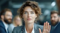 Professional businesswoman with curly hair waving hand in modern office environment with colleagues in background for corporate communication concepts.