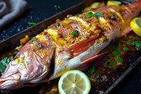 Grilled whole red snapper with lemon slices, fresh herbs and garlic butter sauce on dark baking tray. Fresh seafood dish garnished with parsley and citrus.