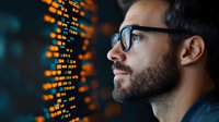 Young bearded man in glasses looking at glowing digital data visualization, side view profile against dark background with orange numbers and code.