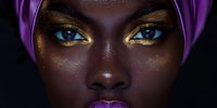 Close up portrait of African woman with bright blue eyes, purple lips and gold eyeshadow wearing purple headwrap against dark background. Artistic beauty makeup.