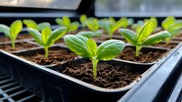 Young green seedlings growing in plastic starter tray with rich soil. Close-up view of sprouting plants in nursery container shows early growth stage and gardening process.
