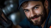 Smiling bearded Hispanic man in baseball cap with bright blue eyes against dark background, dramatic lighting highlights facial features and genuine expression.
