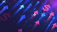 Dynamic financial growth concept with glowing blue and pink arrows moving upward alongside dollar symbols against dark background. Suitable for business presentations.