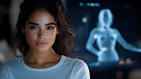 Young Hispanic woman in white shirt with futuristic holographic human figure projection in background for technology and innovation concepts.