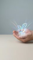 Hands holding glowing holographic plant sprout with light rays symbolizing growth, sustainability, environmental protection and green technology innovation.
