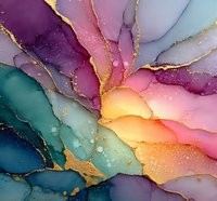 Abstract alcohol ink art with flowing organic shapes in vibrant rainbow colors and gold accents creating luxurious fluid patterns for modern decor.
