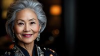 Elegant senior Asian woman with silver hair smiling warmly, wearing black lace outfit and sparkling earrings against dark bokeh background, radiating confidence and grace.
