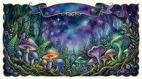Enchanted forest floor with glowing mushrooms, bioluminescent fungi, and magical woodland plants beneath a starry night sky with purple and blue aurora lights, surrounded by ornate decorative border frame.