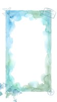 Watercolor travel frame with airplane and passport stamp elements, featuring blue and green washes on white background. Isolated design ready for invitations, cards, posters, and travel-themed projects.