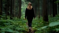 Young woman in black outfit walking alone on forest path surrounded by lush green vegetation and tall trees in moody atmospheric setting.