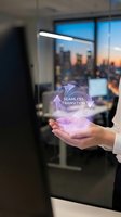 Hand holding glowing holographic sphere with seamless transition text in modern office with city skyline view at sunset, representing technology, innovation, and digital transformation for business applications.