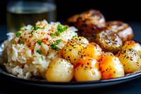 Gourmet dinner plate with seasoned rice, roasted potatoes, and grilled meat served with beer, perfect for restaurant menu photography.