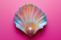 Iridescent seashell with pearl on pink background, featuring holographic rainbow colors and metallic shine. Isolated decorative marine element for design projects.