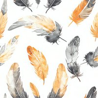 Watercolor feathers in orange and gray scattered on white background create seamless pattern. Gentle floating plumes design for fabric, wallpaper and stationery.