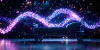 Magical glowing trail of pink and blue sparkles flowing above hospital bed in dark space setting with stars, creating ethereal healing atmosphere.