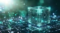 Glowing digital cube with circuit patterns floating over network grid, surrounded by bokeh particles in cyan and teal tones. Futuristic technology concept.