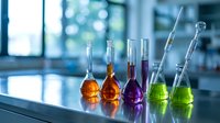 Laboratory glassware with colorful chemical solutions on metal table in modern research facility for scientific experiments and analysis.