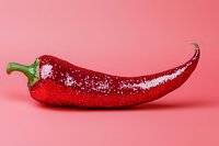 Red chili pepper covered with glitter sparkles on pink background, creative food art concept for spicy cuisine and festive cooking decoration.