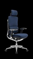 Modern ergonomic office chair with navy blue upholstery, adjustable headrest, and chrome base isolated on transparent background. Ready for design use in product mockups, catalogs, and digital presentations.
