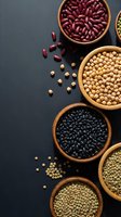 Assorted legumes and beans in wooden bowls on dark background. Red kidney beans, chickpeas, black beans and lentils for healthy cooking and nutrition.