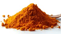 Vibrant orange turmeric powder spice heap on white background with scattered particles, macro food photography showing texture and natural color detail.