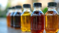 Variety of maple syrup grades in glass bottles showing color range from light amber to dark, arranged in row with natural lighting and selective focus.