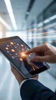 Businessman in dark suit touching smartphone screen displaying glowing orange digital network tree with connected icons in modern office environment with motion blur background.