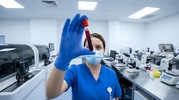 Female laboratory technician in blue scrubs and mask examining blood sample vial in modern medical lab facility for diagnostic testing and analysis.