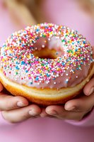 Fresh donut with pink glaze and colorful sprinkles held in female hands against pink background. Close-up macro shot shows texture of sweet dessert treat.