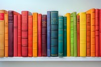 Colorful vintage hardcover books arranged in rainbow spectrum order on white shelf, spines showing varied heights and textures for library or education concepts.