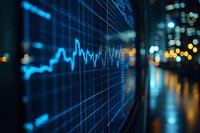 Glowing blue financial chart with stock market data displayed on digital screen against blurred city lights background, showing market volatility and trading analysis.