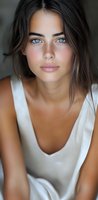 Close-up portrait of young woman with striking blue eyes, natural freckles, and dark hair wearing white tank top against soft blurred background.