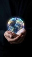 Hands holding glowing Earth globe with network connections on dark background representing global communication technology and worldwide connectivity.