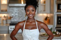 Young African American woman wearing white apron smiling brightly in modern kitchen setting with warm lighting and decorative backsplash, expressing joy and confidence.