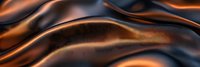 Luxurious copper and black silk fabric waves creating elegant abstract background pattern with smooth flowing curves and metallic sheen effect.