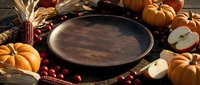 Wooden serving plate surrounded by autumn harvest vegetables, pumpkins, corn, and apples on rustic wooden surface. Thanksgiving and fall seasonal table setting.