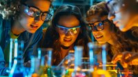 Young diverse scientists examining glowing blue liquid in laboratory test tubes with dramatic lighting and protective eyewear during chemical research experiment.