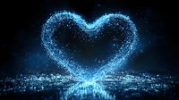 Glowing blue heart shape formed by magical sparkles and particles with reflection on dark surface, romantic fantasy background for Valentine's day designs.