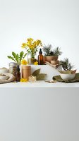 Natural herbal medicine ingredients with amber bottles, wooden containers and fresh plants arranged on white surface for wellness products.