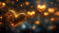 Glowing golden hearts with magical sparkles floating in dark blue atmosphere, romantic bokeh lights creating dreamy Valentine backdrop for greeting cards and designs.