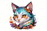 Magical fantasy cat portrait with turquoise hair and orange eyes surrounded by autumn flowers and purple leaves, perfect for merchandise design, stickers and digital art projects.